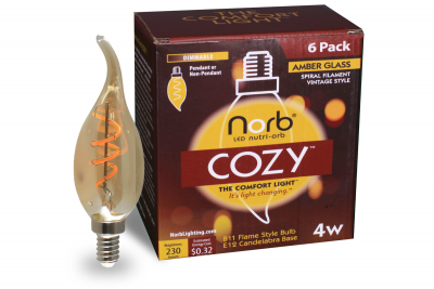 NorbCOZY amber glass B11 flame bulb and box