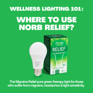 green relief migraine therapy headache. Norb Relief light standing next to Norb Relief box with the caption "Wellness Lighting 101: Where to use Norb Relief?"