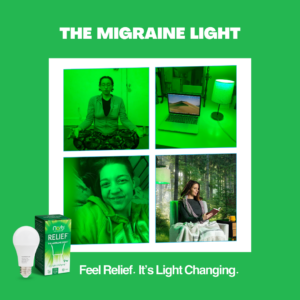 green relief migraine therapy headache. Norb Relief light standing next to Norb Relief box with the caption "Wellness Lighting 101: The therapy migraine light. Feel Relief. It's Light Changing." User submitted photos. Woman sitting in green light looking relieved.